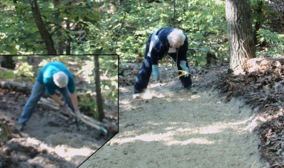 As the upgraded access trail from the Career Education Building nears completion, Joanne Jackson snips off the last few trip roots by hand as Carl Hite (inset) feathers the new trail into the old only a few steps away.